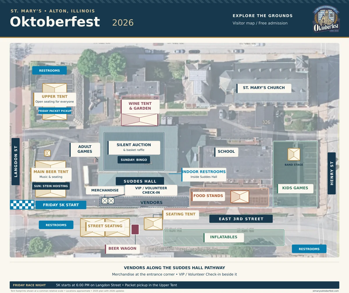 Oktoberfest visitor map showing tents, activities, food, restrooms, and the Friday 5K start