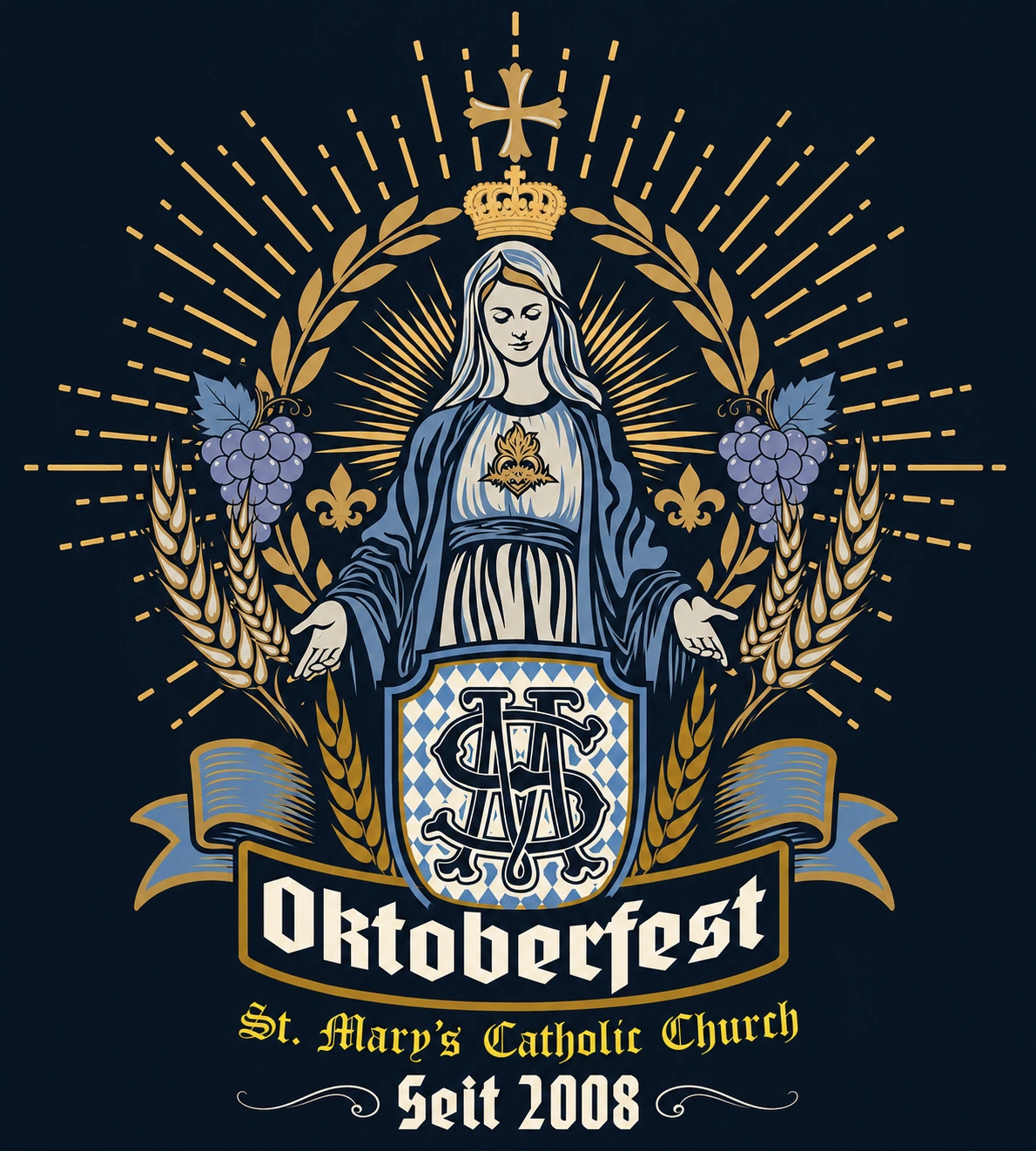 St. Mary’s Oktoberfest artwork featuring Mary, wheat, grapes, and festival branding