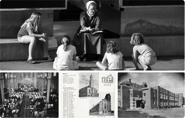 Black-and-white parish collage showing Catholic teaching with children, historic Mass, St. Mary’s parish history, and St. Mary’s School