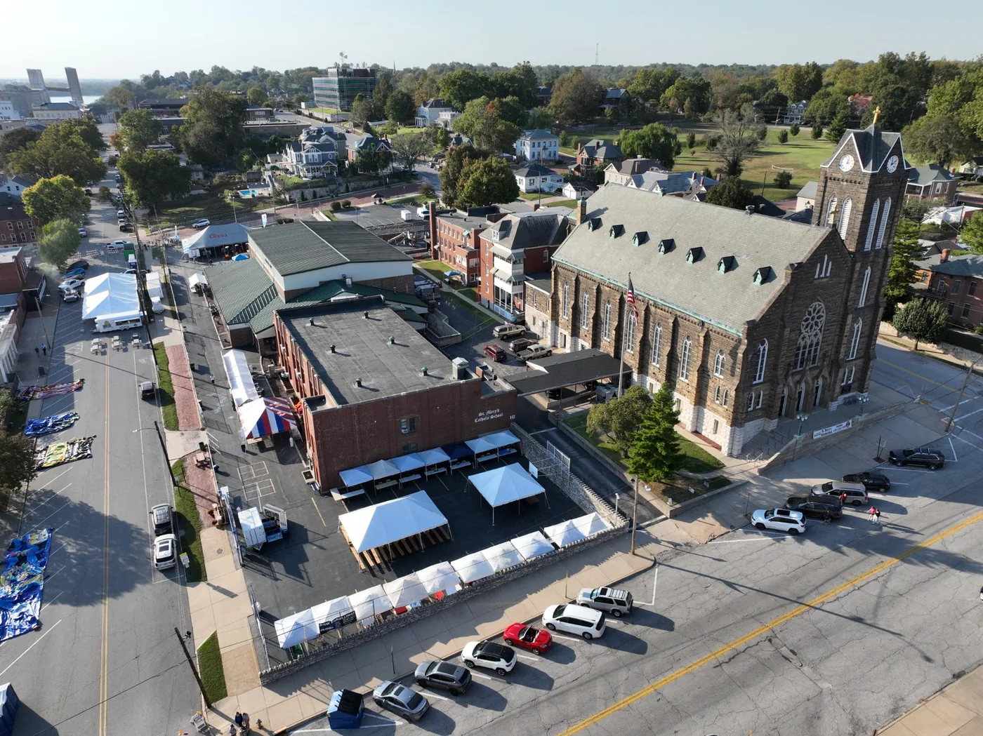 Aerial view of St. Mary’s Church, school grounds, and surrounding streets used during Oktoberfest parking and guest arrival