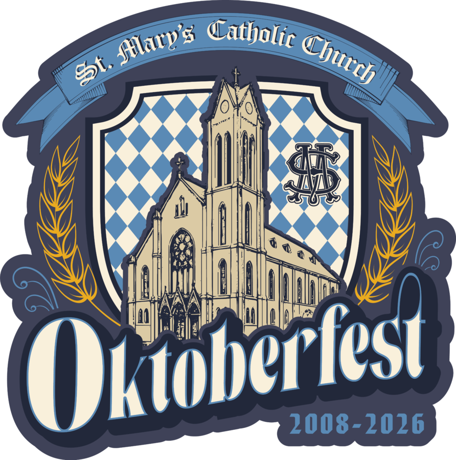 St. Mary’s Oktoberfest 2008–2026 logo featuring St. Mary’s Church